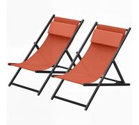 Outsunny Lot de 2 bain de soleil, chaise longue pliante avec appuie-tête en textilène inclinable 60 x 100 x 85 cm, rouge brique