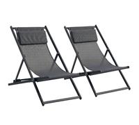 Outsunny Lot de 2 Bain de Soleil Chilienne 60x100x85cmTextilène Gris Foncé | Chaise Longue Pliante avec Appuie-Tête, Transat Jardin Extérieur Inclinable, Plage Camping Piscine Terrasse