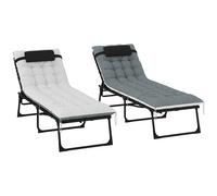 Outsunny Lot de 2 bains de soleil, chaise longue pliante et inclinable, coussin, appui-tête, poche latérale, 60x190x31cm, gris