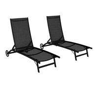 Outsunny Lot de 2 Bains de Soleil transat Chaise Longue inclinable en Aluminium et textilène avec roulettes Dossier Multipositions Charge Max. 150 Kg Noir