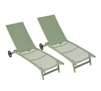 Outsunny Lot de 2 Bains de Soleil transat Chaise Longue inclinable en Aluminium et textilène avec roulettes Dossier Multipositions Charge Max. 150 Kg Vert foncé