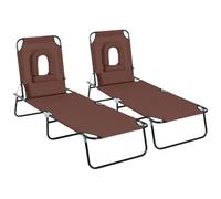 Outsunny Lot de 2 Bains de Soleil Transat Inclinable 4 Positions Marron | Pliable, Chaise Longue de Lecture, 3 Coussins Fournis