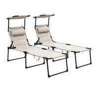 Outsunny Lot de 2 Bains de Soleil transats Pliables Grand Confort Dossier Pare-Soleil réglables Multi-Positions, crème
