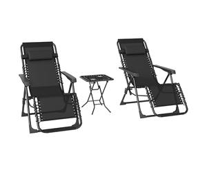 Outsunny Lot de 2 Chaise Longue gravité zéro - Ensemble transat 3 pièces avec Table d'appoint et Porte-gobelets - Bain de Soleil Pliable, Dossier réglable et Appui-tête pour terrasse, Piscine, Noir