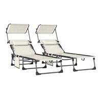 Outsunny Lot de 2 chaises Longues de Jardin d'extérieur, chaises Longues Pliantes avec Appui-tête, Parasol et Poche latérale, Dossier inclinable en 5 Positions et Assise en Maille Respirante pour la