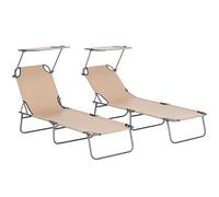Outsunny Lot de 2 chaises longues de jardin pliantes avec toit, dossier réglable, chaise longue de jardin en tissu Oxford et métal, pour plage, piscine, 187 x 58 x 36 cm, marron