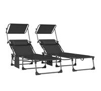 Outsunny Lot de 2 chaises Longues d'extérieur, chaises Longues Pliables avec Appui-tête, Parasol et Poche latérale, Dossier inclinable en 5 Positions et Assise en Maille Respirante pour la Plage, la