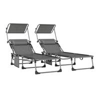 Outsunny Lot de 2 chaises Longues d'extérieur, chaises Longues Pliables avec Appui-tête, Parasol et Poche latérale, Dossier inclinable en 5 Positions et Assise en Maille Respirante pour la Plage, la
