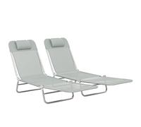 Outsunny Lot de 2 chaises longues pliables, dossier réglable, chaise longue de jardin inclinable avec coussin appui-tête, gris clair