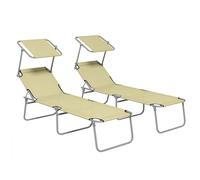 Outsunny Lot de 2 chaises Longues Pliantes avec Pare-Soleil et Dossier réglable, chaises Longues de Jardin en Tissu Oxford et métal, pour la Plage, la Piscine, 187 x 58 x 36 cm, Beige