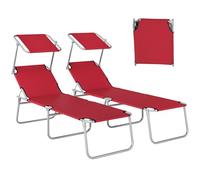 Outsunny Lot de 2 chaises longues pliantes d'extérieur avec dossier réglable à 4 niveaux et pare-soleil réglables pour plage, jardin, terrasse, rouge