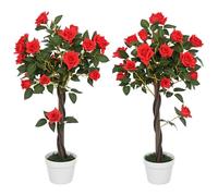 Outsunny Lot de 2 rosiers artificiels 90cm/3FT, Fausse Plante décorative avec Pot, décoration d'intérieur et d'extérieur, décoration de Bureau, Rouge