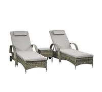 Outsunny Lot 2 transats Grand Confort + table basse verre trempé résine tressée grise