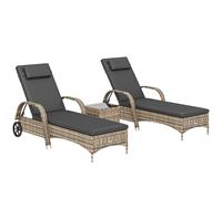 Outsunny Lot de 2 transats Bains de Soleil Grand Confort : Matelas, têtière, Inclinaison réglable Multipositions, accoudoirs, roulettes + Table Basse Verre trempé résine tressée Gris foncé