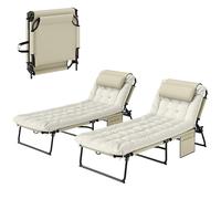 Outsunny Lot de 2 transats Bains de Soleil Pliable avec Dossier inclinable 4 Positions - Appui-tête et Matelas épais Ultra Confortable - Tissu textilène et Acier, Beige