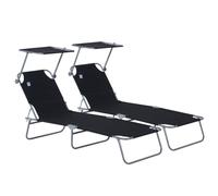 Outsunny Lot de 2 Transats Pliable Dim. 187L x 58l x 36H cm Noir | Bain de Soleil, Chaise Longue Pliante, Grand Confort, Dossier Inclinable Multi-positions, Pare-Soleil Réglable