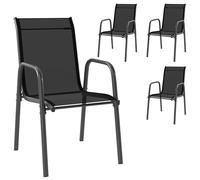 Outsunny Lot de 4 Chaises de Jardin Extérieures, Chaise de Salle à Manger Empilables avec Accoudoirs, Dossier Haut, Métal et Textilène, Fauteuil de Jardin Exterieur pour Balcon, Terrasse, Patio, Noir