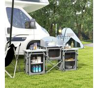 Outsunny Meuble de cuisine pour le camping en aluminium 3 placards en tissu, pare-brise, support d'éclairage, sac de transport