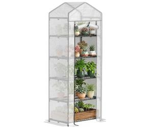 Outsunny Mini Serre 5 Niveaux avec Couverture PE 69x49x193cm Blanc/Gris | Serre portable, couverture renforcée, serre de jardin, porte enroulable, étagères, petit jardin