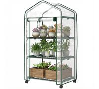 Outsunny Mini serre de jardin avec 3 étagères, bâche PVC haute densité, porte enroulable 4 roulettes 69 x 49 x 130 cm transparent