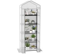 Outsunny Mini Serre Portable à 5 Niveaux avec Housse en polyéthylène renforcé, avec Porte Enroulable et étagères, 69 x 49 x 193 cm, Blanc/Gris