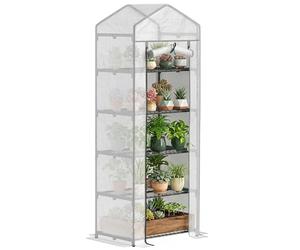Outsunny Mini Serre Portable à 5 Niveaux avec Housse en polyéthylène renforcé, avec Porte Enroulable et étagères, 69 x 49 x 193 cm, Blanc/Gris
