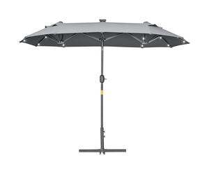 Outsunny Parapluie de jardin à double inclinaison 295x150cm avec manivelle, lumières LED, base en croix et prises d'air, 12 lattes en acier et polyester, pour le jardin, la terrasse et le balcon, gris