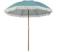 Parasol De Plage Design À Franges Dia. 1,7 M H. Réglable Mât Effet Bois Tissu Upf50+ Sac Transport Bleu