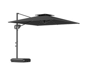 Outsunny Parasol déporté carré 2,5 x 2,5 m, parasol de jardin extérieur avec manivelle, 2 bases incluses, toile polyester 200 g/m², double toit, 8 baleines, gris foncé