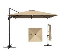 Outsunny Parasol déporté carré 3 x 3 m, parasol de jardin extérieur, rotation 360°, inclinable 5 positions, base en croix et manivelle, protection solaire UPF30+, mât en aluminium, kaki