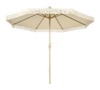 Outsunny – Parasol droit de jardin inclinable manivelle franges bohème 8 baleines Ø 265x244 cm crème
