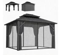 Outsunny Pavillon 3 x 3,6 m Toit Rigide Acier Galvanisé UPF50+ Gris Foncé | Cadre en Aluminium, Rideaux et Moustiquaire, Crochet de Plafond