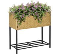 Outsunny Poly Rotin Bac à fleurs surélevé avec pieds Pot de fleurs avec étagère Sable 70 x 30 x 72 cm