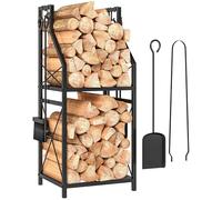 Outsunny Porte-bois de cheminée en métal, porte-bois de cheminée à 2 étages, porte- d'extérieur avec 4 outils, crochets et base surélevée, intérieur et extérieur, 34x30x80 cm, noir