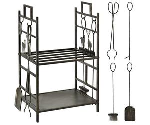 Outsunny Porte-bûches étagère à bois de cheminée serviteur de cheminée cerf multi-accessoires 2 étagères 51,5L x 33l x 77H cm métal noir or vieilli