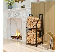 Outsunny Porte-bûches Métallique de Cheminée avec Support pour Leña de 2 Niveaux et 4 Outils Crochets 34x30x80 cm Noir