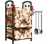 Outsunny Porte bûches - Range bûches Serviteur de cheminée - Multi Accessoires 2 étagères 40L x 30l x 75H cm métal Noir