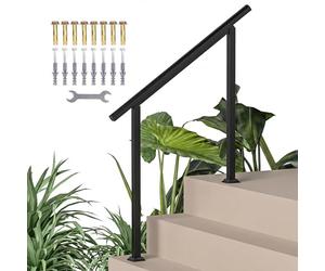 Outsunny Rampe d'Escalier Extérieure pour 1 à 3 Marches, Main Courante Escalier avec Kit d'Installation, Rampe d'Escalier en Métal pour Porche, Bois et Béton, Contemporain, Noir