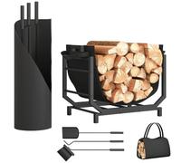 Outsunny Range-Bûches avec Outils de Cheminée Porte Buche Métal 50 kg Noir | Balai Pelle Tisonnier, Seau Sac avec Poignées, Support à Bois de Chauffage, pour Intérieur