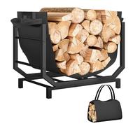 Outsunny Range-bûches porte buche avec sac de transport, support à bois de chauffage avec poignées pour intérieure, en métal robuste, 53 x 33 x 43 cm, noir
