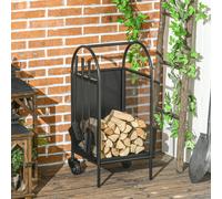 Outsunny Range-bûches porte bûches sur roulettes avec accessoires pelle balai et tisonnier 37,5 x 37,5 x 80 cm noir