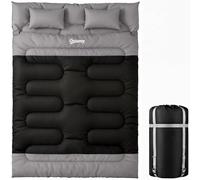 Outsunny Sac de couchage double avec 2 oreillers, 220 x 160 cm, sac de couchage extra large pour adultes, détachable en deux lits simples ou couettes, pour camping, randonnée, noir et gris