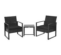 Outsunny Salon de Jardin 2 Places 3 pièces 2 chaises avec Coussins + Table Basse Plateau Verre trempé résine tressée 4 Fils Imitation rotin Noir