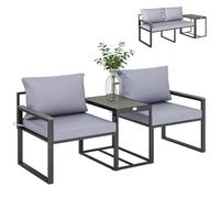 Outsunny Salon de Jardin 3 pièces Coussins 14 cm 2 fauteuils Balcon Gris | Ensemble de Jardin, Accoudoirs Composite Bois-Plastique, Mobilier de Balcon, Table d'Appoint, Assise en Textilène