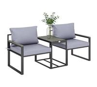 Outsunny Salon de Jardin 3 pièces - Ensemble de Jardin avec Coussins 14cm et accoudoirs en Composite Bois-Plastique : mobilier de Balcon avec 2 fauteuils et Table d'appoint, Assise en textilène, Gris