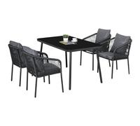 Outsunny Salon de Jardin 4 Personnes Ensemble de Salle à Manger en rotin PE avec chaises empilables et Coussins, Plateau en Verre trempé, Cadre en Aluminium, Gris et Noir