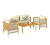 Outsunny Salon de Jardin 4 Pièces, Bois d'Acacia, Corde Tressée, Naturel | Ensemble de Mobilier, Coussins Déhoussables, Canapé 2 Places, 2 Fauteuils, Table Basse, Style Bohème Chic