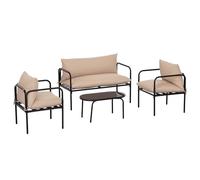 Outsunny Salon de Jardin 4 pièces Ensemble de Meuble de Jardin avec canapé 2 Places 3 Coussins 2 fauteuils et Table Basse Plateau en Verre trempé Acier Noir Polyester Kaki