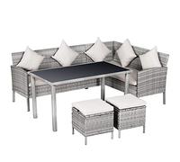Outsunny Salon de Jardin 6 pers. Grand Confort canapé d'angle + 2 poufs + Table à Manger 9 Coussins Assise & Dossier fournis résine tressée Grise