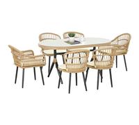 Outsunny Salon de Jardin 6 Personnes Ensemble de Salle à Manger en rotin PE - 1 Table rectangulaire et 6 chaises avec Coussins - Plateau en Verre trempé, Cadre en Acier, Bois Naturel